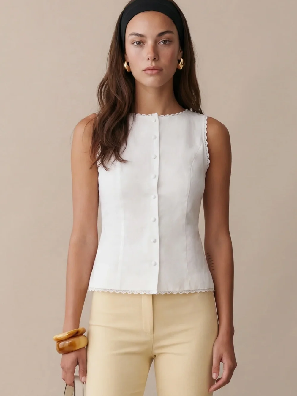 Sleeveless White Button-Front Top with Lace Trim - Picture 1 of 12